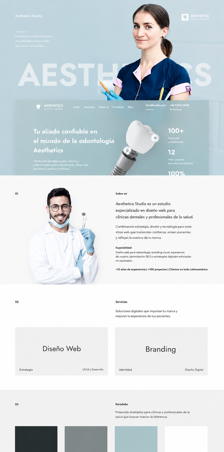 Diseño web minimalista celeste para estudio dental